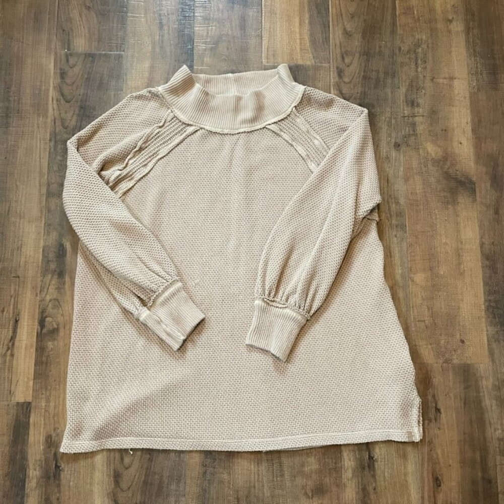 Free People Beige Textured Knit Balloon Sleeve Sweater Size Large